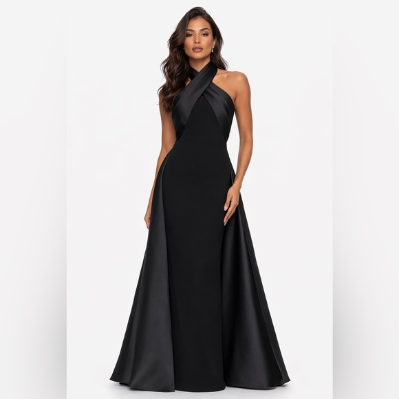 Betsy & Adam Black Halter Neck Evening Gown Satin Formal Dress SZ 8 NWT  GALA MOB